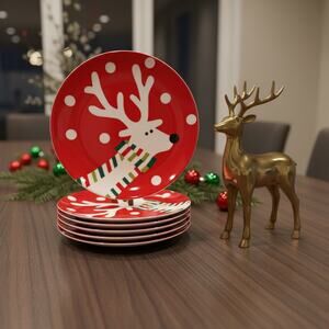 Crate & Barrel Reindeer Plates-Set of 6-Christmas Dessert Plates-Holiday-Salad